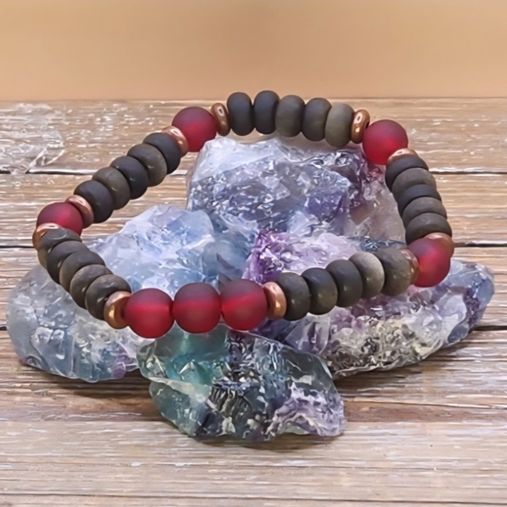 Red Culrured Sea Glass, Golden Sheen Obsidian and Copper Beaded Bracelet